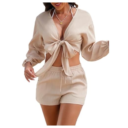 Herseas Saída de praia feminina, saída de banho, blusa autoamarrada, conjunto de shorts, saída de praia, Bege, P