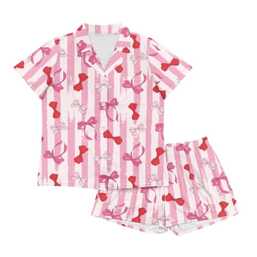 Image of Renewold Button Down Womens Pajama Set Short Sleeve Loungewear Bow Nightwear Sleepwear Night Suit Tops Shorts 2 Pieces
