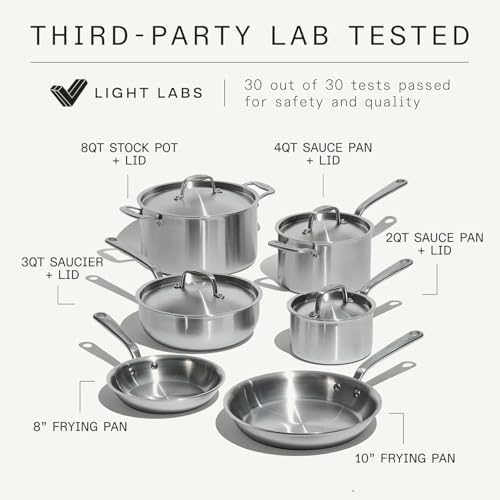Image of Made In Cookware - 10 Piece Stainless Steel Pot and Pan Set - 5 Ply Clad - Includes Stainless Steel Frying Pans, Saucepans, Saucier and Stock Pot W /Lid - Professional Cookware - Crafted in Italy