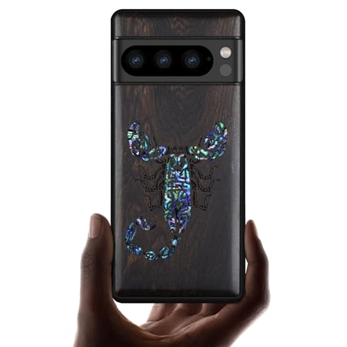 Carveit 木製 カバー 対応 Google Pixel 8 Pro ケース, 手でインレイ/象嵌 綺麗な貝張り+ブラックソフトTPU 内部シェル, 耐衝撃 ピクセル 8 Pro ケース(6.7インチ), 対応 ワイヤレス充電器 Pixel 8 Pro