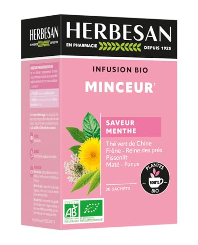HERBESAN®- INFUSION THE VERT MINCEUR BIO Thé vert de Chine, Frêne, Reine des Prés, Pissenlit - 20 sachets