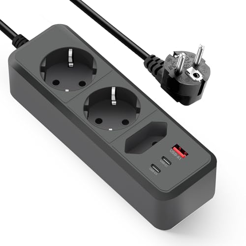 Regletas Enchufes USB 6 en 1,Enchufe Multiple con 3 enchufes Schuko (E/F), USB-A y 2 USB-C Puertos,Alargador Enchufe Cable de Extensión 1,5M para Hogar, Oficina, Escuela - Negro