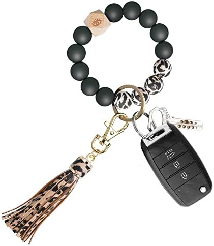 Flintronic Silicone Key Ring Bracelet, Wristlet Keychain Bracelet with Leather Tassel & Card Holder, Elastic Beaded Silicone Key Ring for Women & Girls