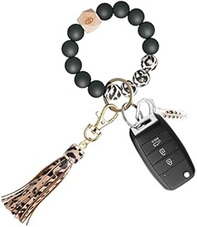 Flintronic Silicone Key Ring Bracelet, Wristlet Keychain Bracelet with Leather Tassel & Card Holder, Elastic Beaded Silicone Key Ring for Women & Girls