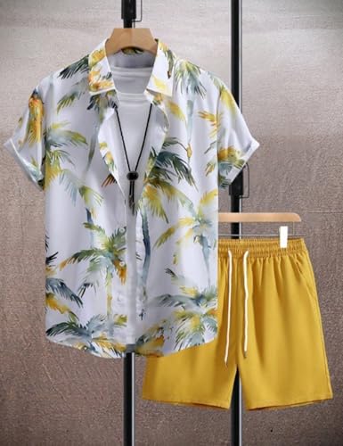 Image of Yimoon Men's Summer 2 Piece Outfits Tropical Print Short Sleeve Button Down Hawaiian Beach Shirt and Shorts Set