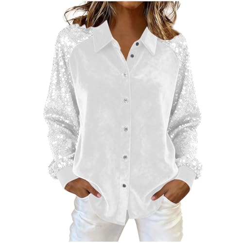 Women Velvet Splicing Sequin Shirt Lapel Button Down Glitter Shirts Disco Club Evening Party Blouse Shimmer Top,White,Medium