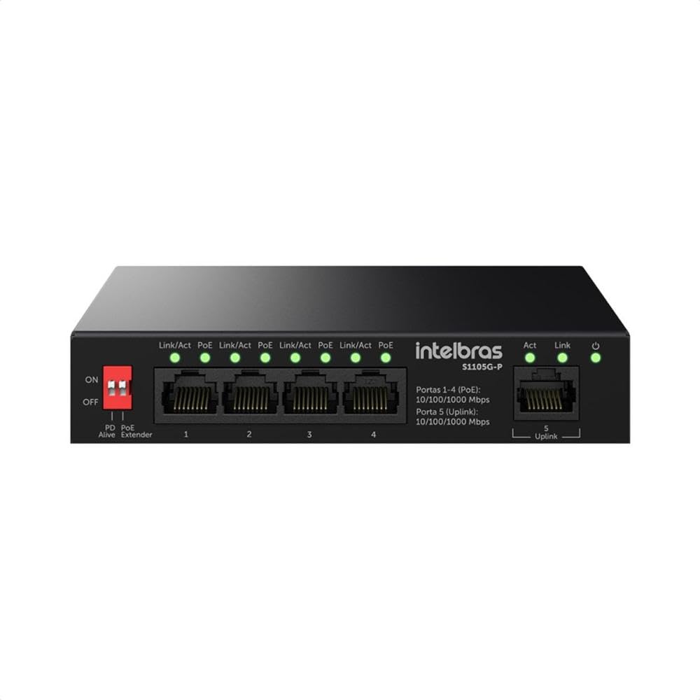 Intelbras Switch Gigabit S1105G-P, 5 Portas 10/100/1000Mbps, 4 Portas PoE, Não Gerenciável