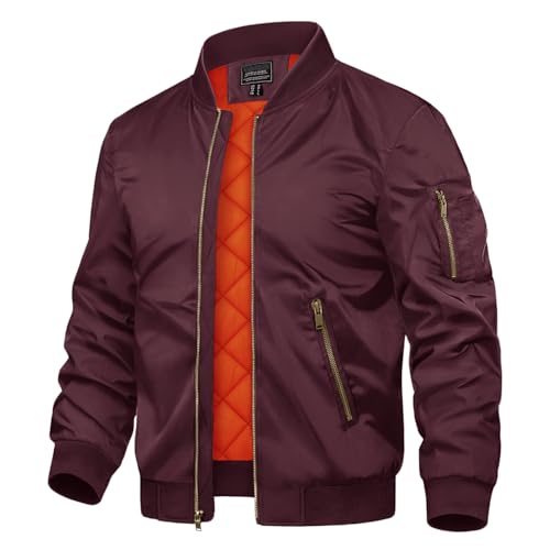 TACVASEN Men's Jackets Windproof Bomber Jacket Casual Padded Full Zip Coats Wine Red, S