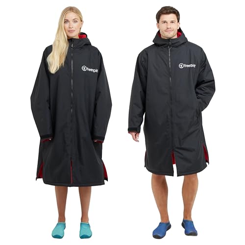 FREESPIRIT Unisex Aquarobe Pro Waterproof Jacket with Hood, Fleece Lining & 2 Zipped Pockets for Adults, Oversized Changing & Dry Robe for Men & Women (UK, Alpha, S, M, Regular, Regular, Black)
