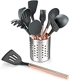 Silicone Cooking Utensils Set,Kitchen Utensil Set-10 PCS Rose Gold Stainless Steel Handle,Kitchen Utensil Set With Holder Nonstick Cookware - BPA Free-Kitchen Tool Set for Gift