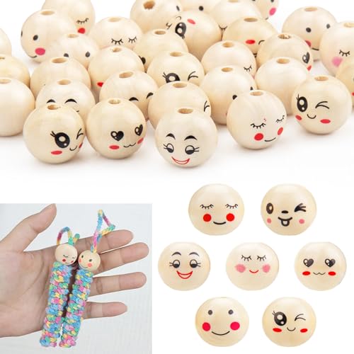 zrfgbxim 140 Pièces Perle en Bois avec Visage, 20mm Perles en Bois avec Visage Souriant, 7 Styles...
