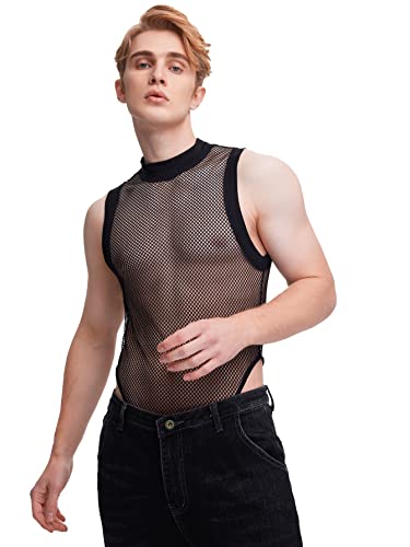 WDIRARA Men's Fishnet Mesh Mock Neck Tank Tops Sleeveless Tee Tops Bodysuit3