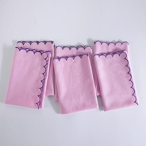 Image of Scallop Cloth Napkins 20x20 Inches Size Set of 6, Roti Cloth Cotton Linen Fabric Embroidered Pink Table Napkins Good Absorbency for Farmhouse, Home, Kitchen, Wedding Parties (Pastel Pink)
