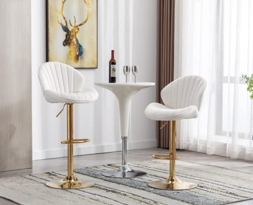 Cimota White And Gold Bar Stools Set Of 2 Adjustable Height Bar Chairs Modern Swivel Barstools With Shell Shape Back Kitchen Stools For Island/Home Bar/Counter, (Gold Base/Velvet Cream White) #TOP3