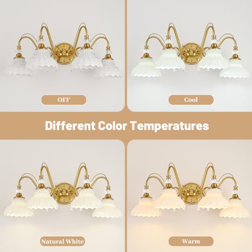 Image of Vintage Bathroom Vanity Light, 4-Light Brushed Gold Finish Wall Sconce with Hanging Crystal Accents and Flower-Shaped White Glass Shades, Retro Wall Mount Vanity Light Over Mirror for Bathroom
