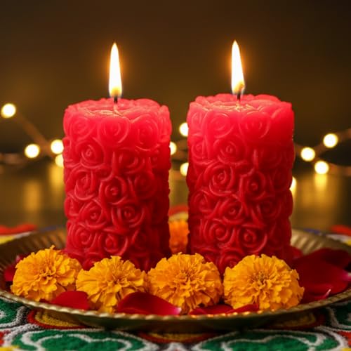 Image of Scented Candles For Home Decor, Rose Fragrance, Pillar Shape, Red Color, Set Of 2, 5.5 X 10.5 Cm - Wax