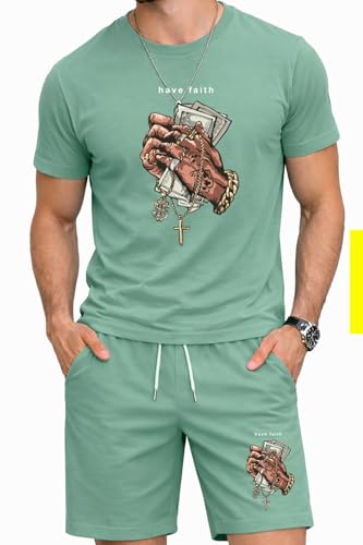 Image of JUGULAR Men's Cotton Blend Graphic Print Co-ord Set, White T-Shirt and Shorts with Side Pockets, Short Sleeve Streetwear, 2 Piece