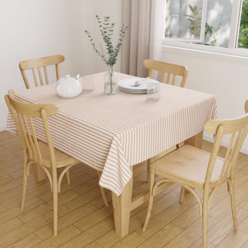 Image of Encasa XO Cotton Square Table Cloth for 4 Seater | (145x145 cm) | Ticking Beige | Dining Tablecloth for Decoration