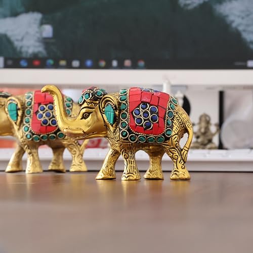 Image of KridayKraft Metal Elephant with Stone Work Showpiece for Home /Office & Table Decor (Set of 2 Pieces, Multicolor, Small)