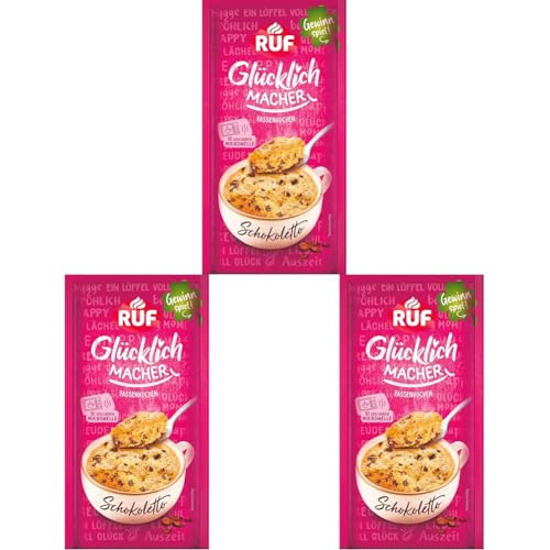 RUF Glücklichmacher Tassenkuchen Schokoletto, saftiger Tassenkuchen mit Schokoladenstückchen, in 90 Sekunden fertig, einfacher Mikrowellenkuchen für spontanen Kuchengenuss, 1 Portion (Packung mit 3)