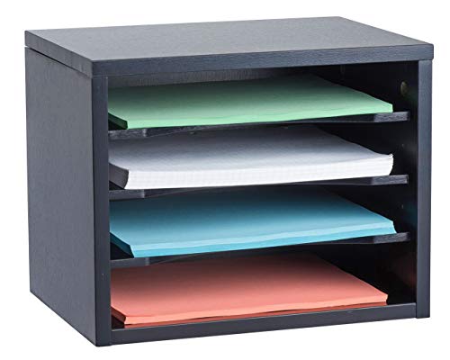AdirOffice - Black Wood Desk Paper Organizer - Construction Paper Holder - 4 Storage Literature File Holder for Office and Home