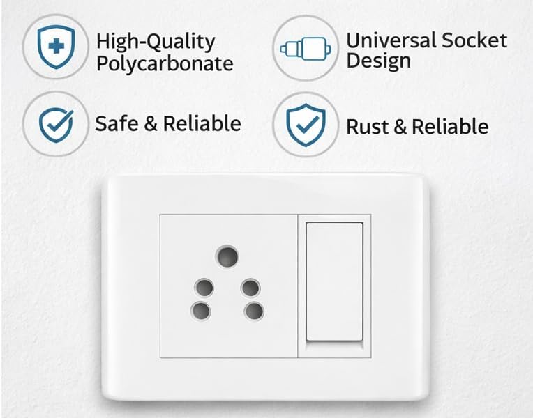 Image of Modular 5 Pin Socket with Switch, 6A Polycarbonate Switch Board Plate for Home & Office