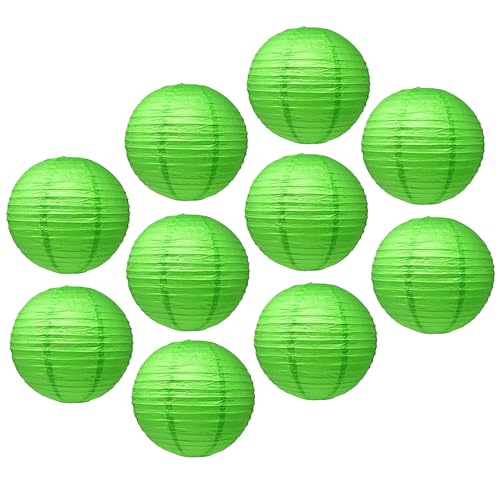 Image of Mudra Crafts 12 Inch Round Chinese Green Paper Lanterns Hanging Decor | 10 PCs, Reusable, Indoor Outdoor Decorative Lamp Shade, for Ceiling, Wedding, Shower, Party, Festival, Home Decoration