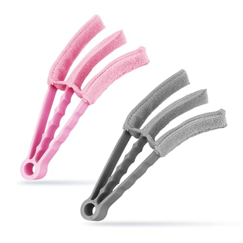 2 x spazzola in microfibra per la pulizia delle tende veneziane per finestre a 3 rebbi lavabili (grigio e rosa)
