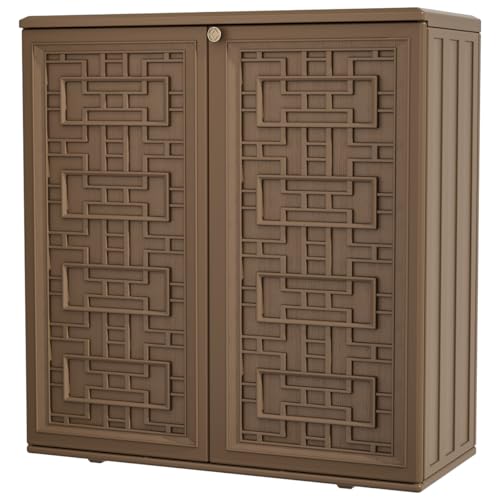 Image of KINYING Outdoor Storage Cabinet Waterproof, Resin 62 Gallon Storage Box for Patio Furniture Cushions, Garden Tools, Pool Accessories (Dark Brown with 1 Shelving)