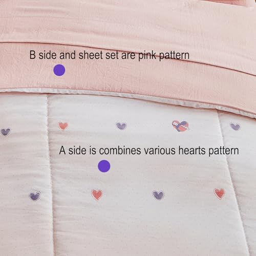 Image of JHXHMX 4 Pieces Toddler Bedding Set,Pink Heart Toddler Comforter Sets for Girls,Soft Crib Bed Sheets Set Includes Quilted Comforter,Fitted Sheet,Flat Top Sheet and Envelope Pillowcase