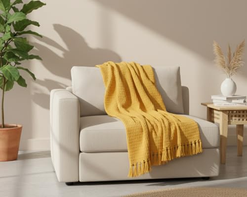 Image of Furnistitchs Bohemian Cotton Sofa Throw Blanket 50x60 inches | Waffle Knit & Chevron Pattern with Fringes | Aesthetic Decorative Couch Throw for Living Room & Bedroom (Mustard Waffle)