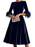 Elegante vestido de terciopelo con cuello redondo y mangas cortas con plumas, cintura alta, acampanado, vintage, plisado, azul, L
