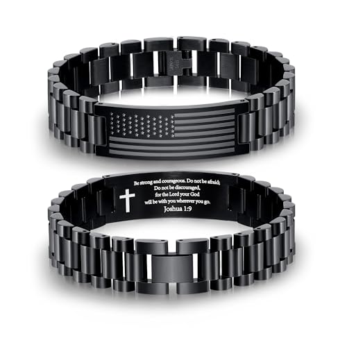 P.BLAKE American Flag Watch Bible Verse Bracelet for Men Boys, Stainless Steel Engraved Christian Christmas Jewelry Gifts for Dad Son Husband Grandpa