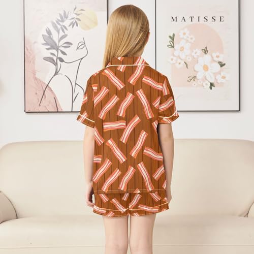 Satin Pajama Sets Short Sleeve Bacon Strips Wood Background Button Down Silky Nightwear 2 Piece PJS 5-14Y4