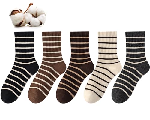 CHUNFO Womens Striped Socks Crew,Casual Classic,Sweat-absorption Soft,Athlete Travel,Sneaker Sock Size5-8