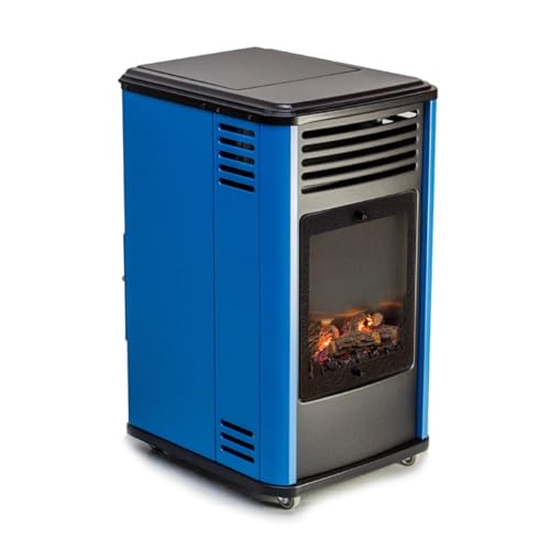 Sahara - Poele à gaz 3400W Design Bleu et Noir - Chauffage d'appoint Effet Feu de Bois Manhattan