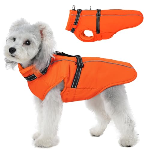 Lelepet 犬用コート 冬 犬服ジャケット 背中開き 防寒 暖かい 犬ベスト 着脱簡単 保温 ペット綿服 戸外運動 防風服 ハーネス付き 冬服コート (オレンジ, XS)