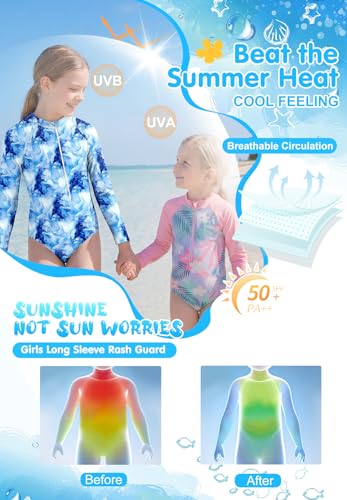 Image of Zando UPF50+ Girls Long Sleeve One Piece Swimsuit with Zipper - Rash Guard for Teens Toddler Kids 2-15 Years