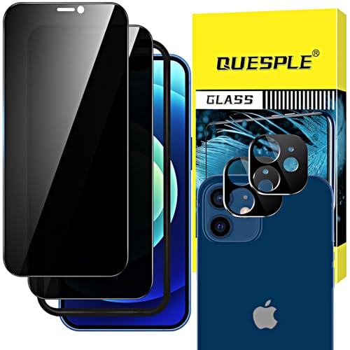 QUESPLE Privacy Screen Protector for iPhone 12 6.1-Inch with Camera Lens Protector 28 Anti Spy Tempered Glass Film with Easy Installation Tool Case-Friendly 2+2 Pack