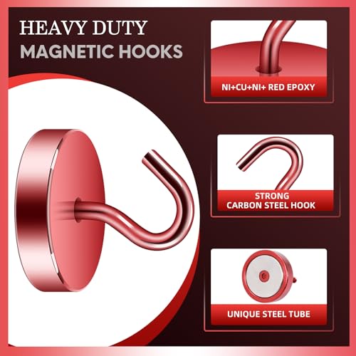 Image of Neosmuk Magnetic Hooks Steel Tube Design for Cruise,100lb+ Red,10 Pack | Cruise Ship Essentials,Heavy Duty Magnett Hooks for Cabins, Refrigerator, Grill, Hanging, and Travel Extra Strong Must-Haves