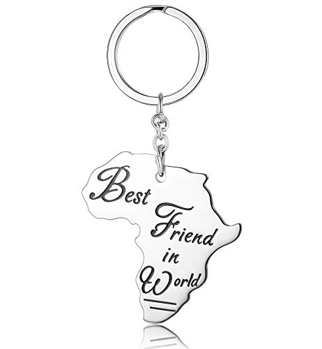 CASSIECA Edelstahl Schlüsselanhänger Afrika Karte Charms Anhänger Mode Graviert 'Best Friend in World 'Freundschaft Schlüsselanhänger Geschenk an Freunde