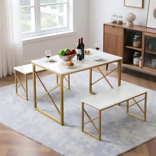 Image of VECELO 43.3 inch Kitchen Dining Table Set for 4, Heavy-Duty Steel Frame & Wood-Grain Tabletop, Space-Saving Dinette Sets with 2 Benches for Breakfast Nook and Small Space, Golden