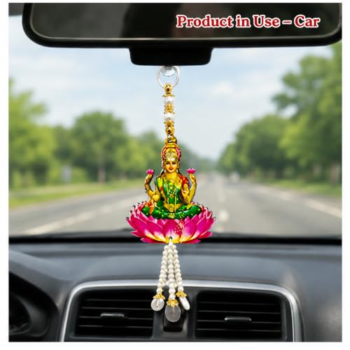 Image of Religious Door Hanging Decor with Pearl Beads & Tassel, Wooden Wall Hanging for Home Temple, Pooja Room, Entrance, Mandir Decoration & Spiritual Gift, Goddess Lakshmi with Lotus