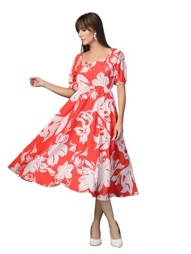 Image of OOMPH! Below Knee Shift Pink Dress in Crepe Fabric with Round Neck and Puff Sleeves - md619l