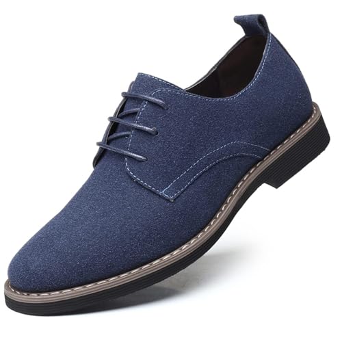 Image of Men's Suede Leather Lace-Up Brogues – Formal & Casual Wedding Shoes, Stacked Heel Oxfords for Office & Special Occasions(Blue,8 UK)