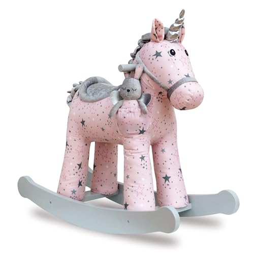 Image of Little Bird Told Me - Celeste & Fae Unicorn Rocking Toy for Toddler 12+ Months Unisex - Pink & Grey Star Printed Fabric, Solid Wooden Frame & Rockers, Removable Plush Toy - British Brand Since 2007