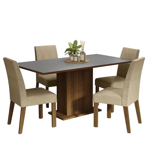Image of Madesa 4 Seater Dining Set with Fully Cushioned Rectangular Table Top, Sturdy Wooden 160 Cm for Dining Room and Kitchen - Brown /Grey /Beige