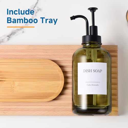 Image of Glass Soap Dispenser with Pump, Dish and Hand Soap Dispenser for Kitchen Bathroom Set, Clear Glass Dispenser Set of 2 Pack with 18 Stickers Funnel Bamboo Tray 500ml 18oz Green