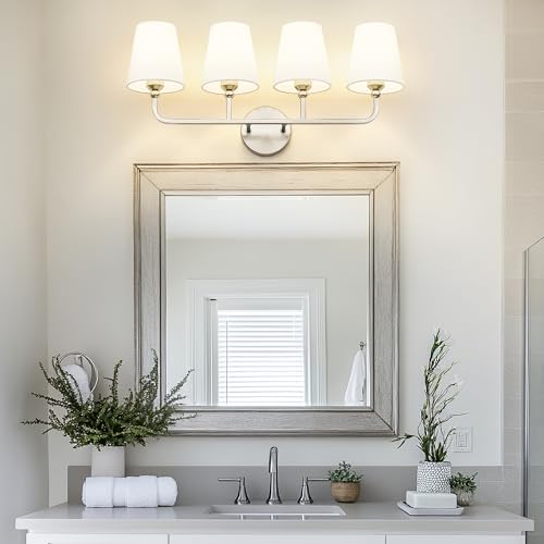 Image of Bathroom Light Fixtures, 4 Light Vanity Lights with Flared White Fabric Shade, 28 Inch Brushed Nickel Wall Sconce, Modern Sconces Wall Lighting for Hallway Bedroom, VL837-BN-4