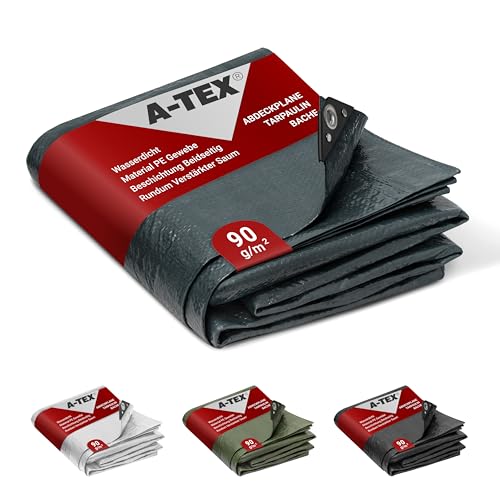 A-TEX® Abdeckplane 90g/m² (Grau, 2 x 3 m) | Verschiedene Stärken, Größen und Farben wählbar | Plane mit Ösen | Gewebeplane Gartenplane Bauplane Schutzplane | wasserdicht | reißfest | UV-stabilisiert